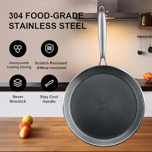 DCIGNA Nonstick Crepe Pan, 11Inch Stainless Steel Crepe Pan, Honeycomb Coating Flat Skillet Tawa Dosa Tortilla Omelet Griddle Pan, PFOA Free, Induction Compatible - Image 3