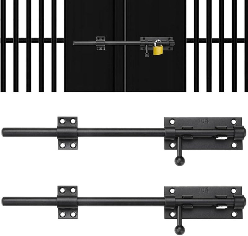 Heavy Duty Matte Black 304 Stainless Steel Slide Bolt Latch 2 Pack With Padlock Hole - Image 1