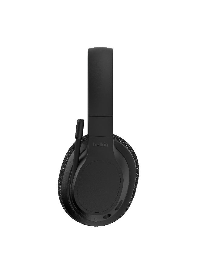 بيلكين سماعة رأس SoundForm Adapt لاسلكية تعمل بالبلوتوث فوق الأذن، وقت تشغيل يصل إلى 65 ساعة، أدوات تحكم على اللوحة، ميكروفون بوم قابل للطي لكتم الصوت، أنيق مع صوت رائع، منفذ USB-C للشحن السريع، استخدام سلكي أو لاسلكي أسود - Image 4