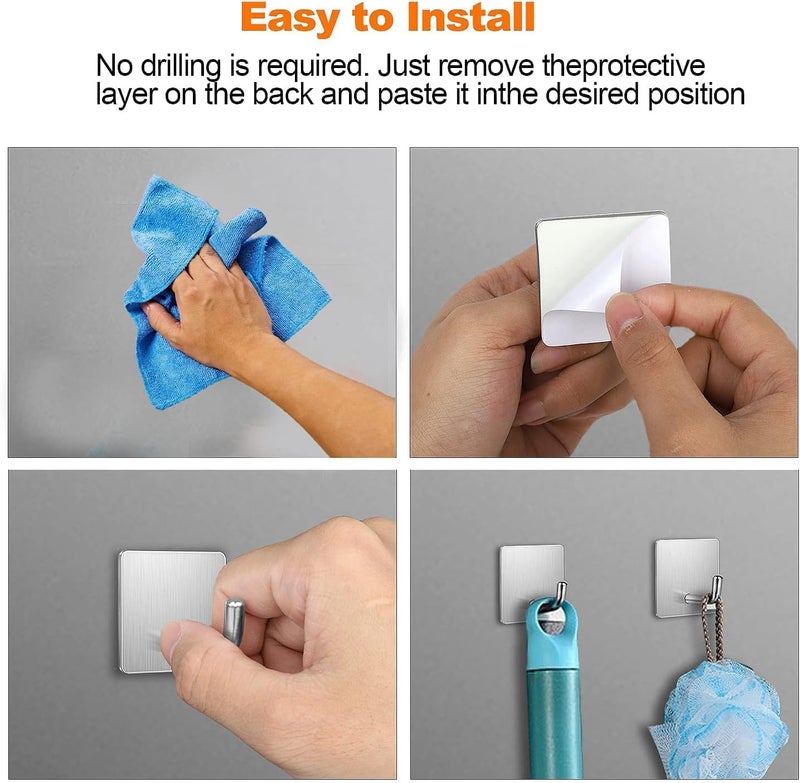 Boniry 4 Pack Wall Adhesive Hooks, Waterproof Stainless Steel Wall Hook,Best Use Kitchen and Bathroom, self Adhesive Hooks Heavy Duty for Towel and Kitchen Accessories Item (J Hook Square Silver) - Image 4