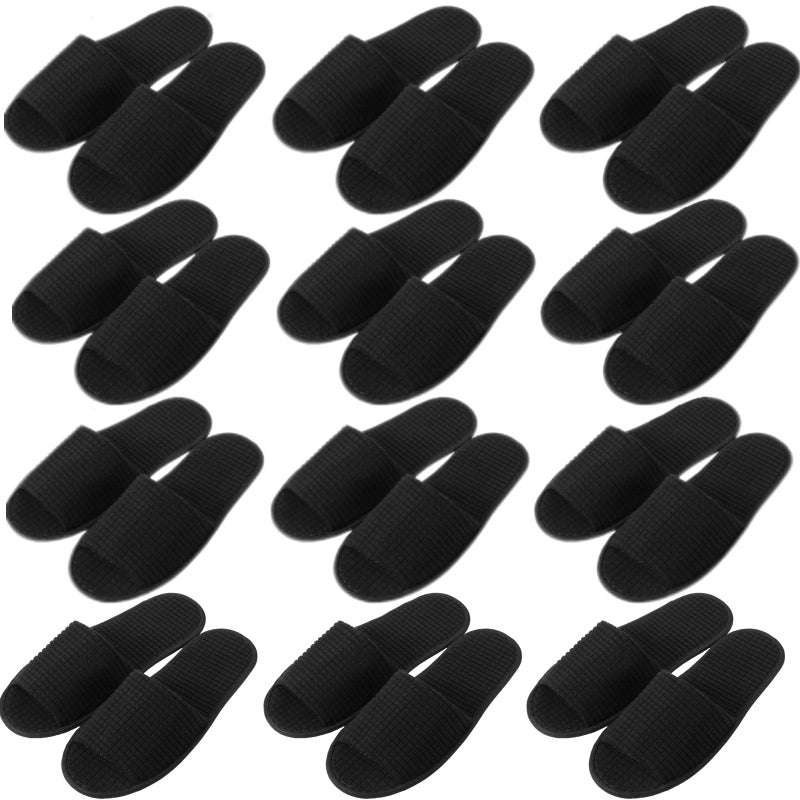 Bunnycool 12 Pairs Disposable Slippers for Guests Open Toe Spa Slippers Bulk Disposable Sandals Soft Fleece for Man Women Spa Hotel Wedding Shoeless Home (Black) - Image 1