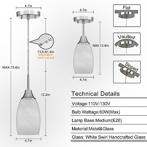 Viinew Mini Glass Pendant Light 4.72" White Swirl Pendant Lights 3-Pack Handblown White Art Oval Glass Hanging Pendant Light for Kitchen Island Dining Room Living Foyer Hallway Entry - Image 3