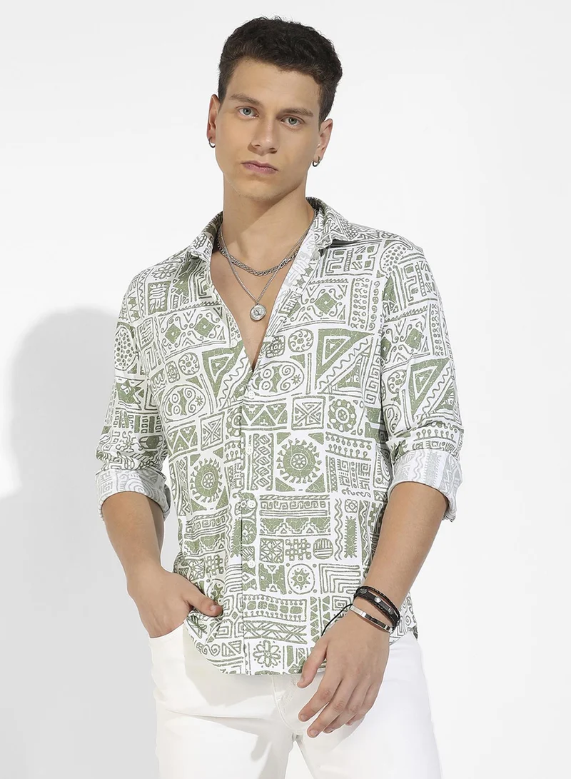 Campus Sutra Campus Sutra Men's Sage Green Contrast Aztec Shirt For Casual Wear | Spread Collar | Long Sleeve | Button Closure | Rayon Slub Lycra Shirts Crafted With Comfort Fit For Everyday Wear