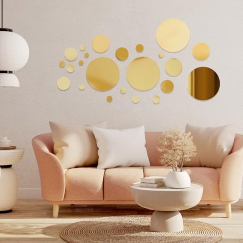 32 Pieces Mirror Wall Stickers Removable Acrylic Setting Adhesive Round Circle Mirror Tiles Decals for Home Living Room Bedroom Decor Gold, Medium Size - Image 5