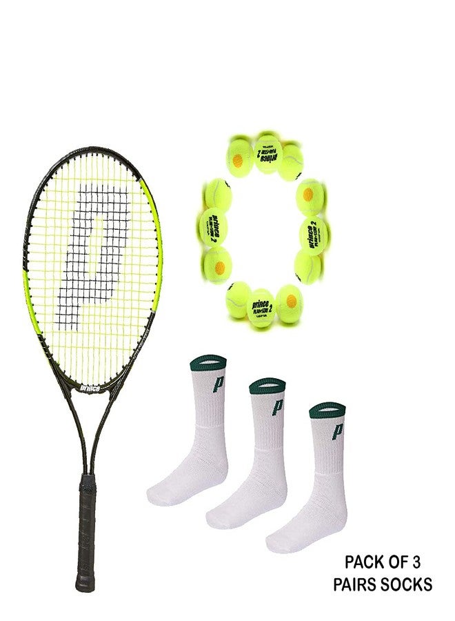 برنس مضرب تنس برينس ثاندر 26 مع 12 كرة تنس برينس ستيدج 2 برتقالية قياسية وجوارب برينس بيضاء - Image 1