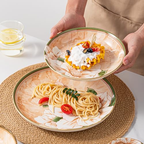 FANGJING Plates and Bowls Sets for 4, 16-Piece Dinnerware Set Ceramic, Dish Sets for 4 with Camellia Floral Pattern, Microwave & Dishwasher Safe for Everyday Use & Gift Giving - Image 4