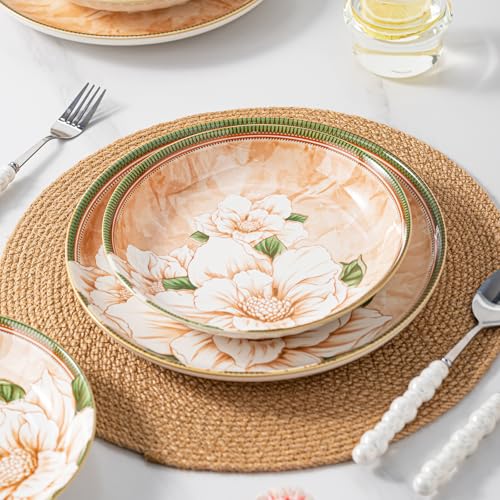 FANGJING Plates and Bowls Sets for 4, 16-Piece Dinnerware Set Ceramic, Dish Sets for 4 with Camellia Floral Pattern, Microwave & Dishwasher Safe for Everyday Use & Gift Giving - Image 2