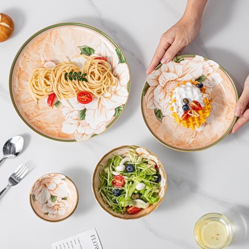 FANGJING Plates and Bowls Sets for 4, 16-Piece Dinnerware Set Ceramic, Dish Sets for 4 with Camellia Floral Pattern, Microwave & Dishwasher Safe for Everyday Use & Gift Giving - Image 5