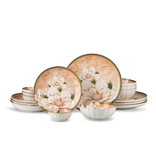 FANGJING Plates and Bowls Sets for 4, 16-Piece Dinnerware Set Ceramic, Dish Sets for 4 with Camellia Floral Pattern, Microwave & Dishwasher Safe for Everyday Use & Gift Giving - Image 1
