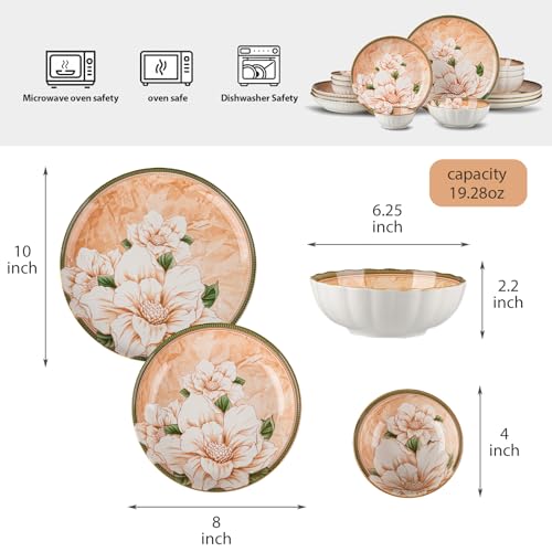 FANGJING Plates and Bowls Sets for 4, 16-Piece Dinnerware Set Ceramic, Dish Sets for 4 with Camellia Floral Pattern, Microwave & Dishwasher Safe for Everyday Use & Gift Giving - Image 3