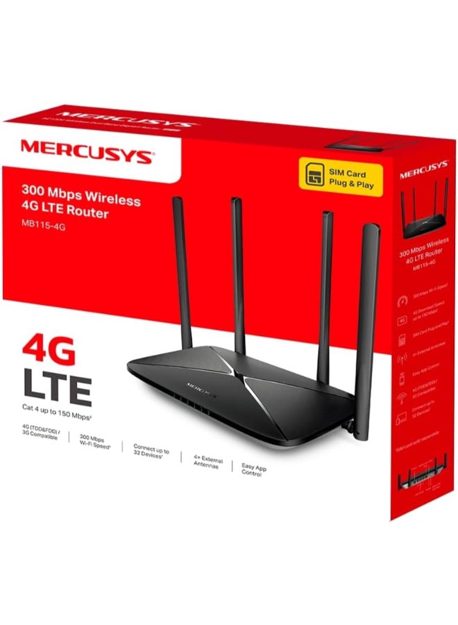 MERCUSYS AC1200 Wi-Fi 4G LTE Router, Build-In 150Mbps 4G LTE Modem
SPEED: 300 Mbps at 2.4 GHz, 867 Mbps at 5 GHz, 4G Cat4 150/50 Mbps
SPEC: 2× External Detachable LTE Antennas, 2× External Fixed Wi-Fi Antennas,  3× 10/100 Mbps LAN Ports, 1× 10/100 Mbps WAN/LAN Port, FDD-LTE (B1/B3/B5/B7/B8/B20/B28), TDD-LTE (B38/B40), HSPA+/UMTS (B1/B5/B8)
FEATURE: MERCUSYS APP, Nano SIM Card Plug and Play, 3G/4G Router/Wi-Fi Router Mode, SMS, IPv6, Parental Controls Black - Image 1
