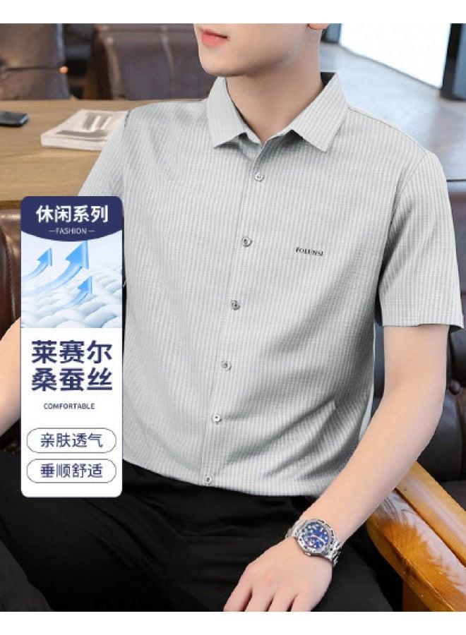 FOLUNSI men's Lapel Striped Casual Soft Comfortable Breathable Short-sleeve Tencel Shirt - Smooth - Image 1