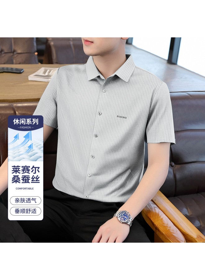 FOLUNSI men's Lapel Striped Casual Soft Comfortable Breathable Short-sleeve Tencel Shirt - Smooth - Image 2