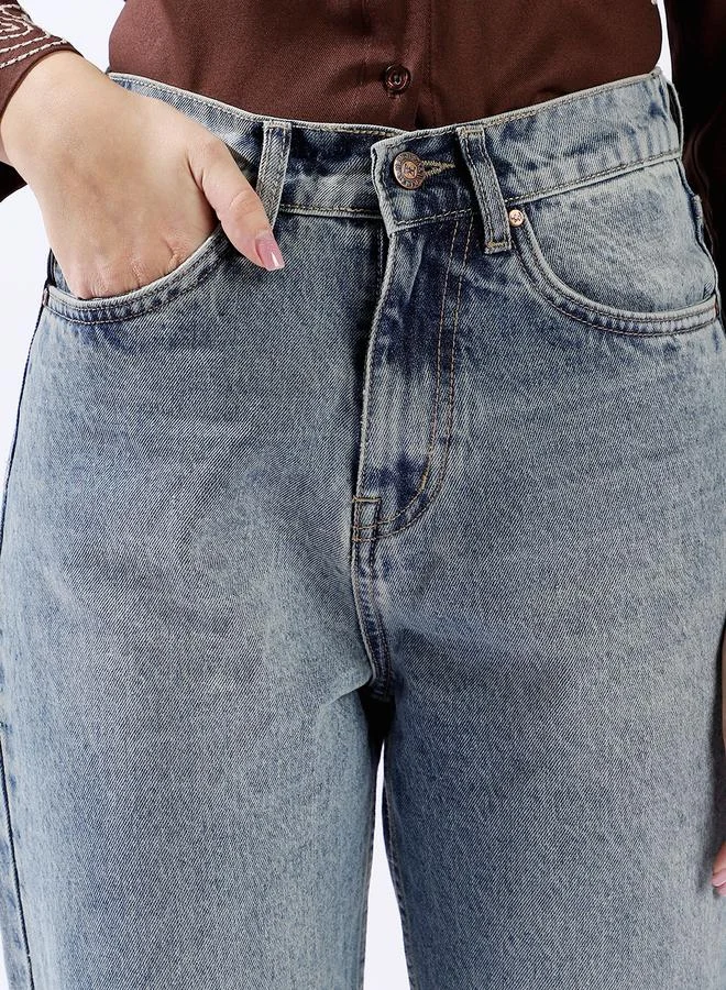 HIGH STAR Women Mom Fit High-Rise Light Fade Distressed Cotton Elasticated waist Crop Jeans