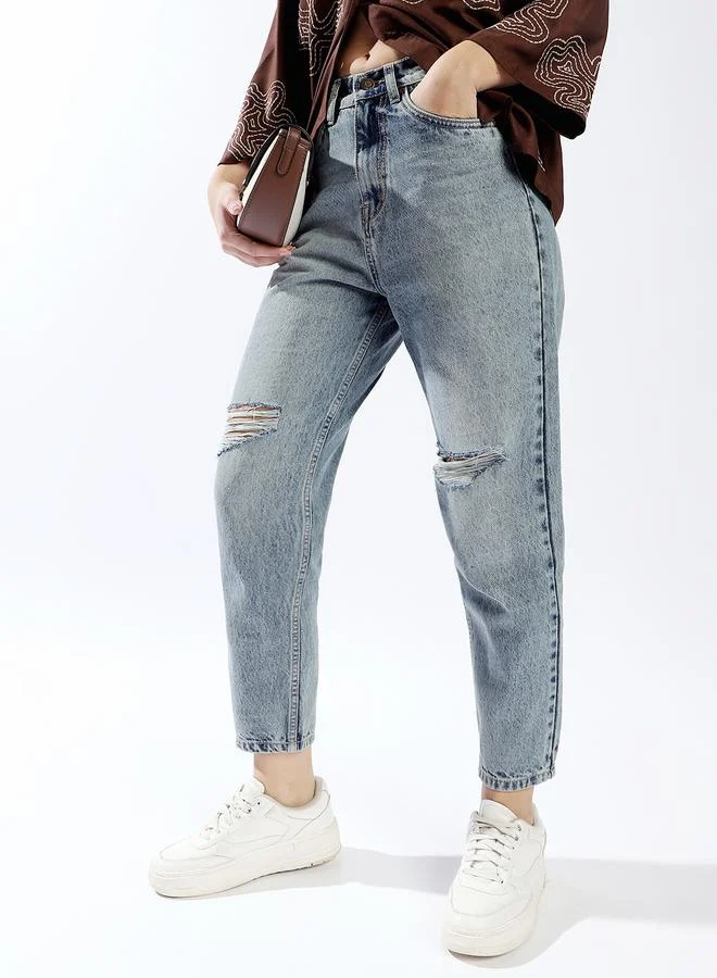 HIGH STAR Women Mom Fit High-Rise Light Fade Distressed Cotton Elasticated waist Crop Jeans