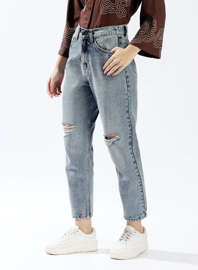 HIGH STAR Women Mom Fit High-Rise Light Fade Distressed Cotton Elasticated waist Crop Jeans