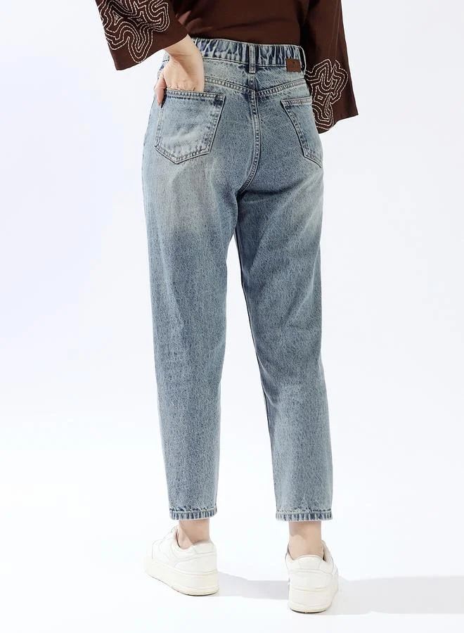 HIGH STAR Women Mom Fit High-Rise Light Fade Distressed Cotton Elasticated waist Crop Jeans