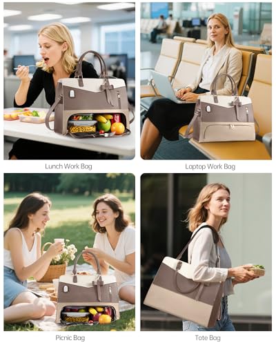 Tiostep Lunch Tote Bag for Women 2 in 1 Laptop Work Bag with Lunch Insulated Compartment and Purse Combo Leather Crossbody Bag Khaki Brown - Image 3