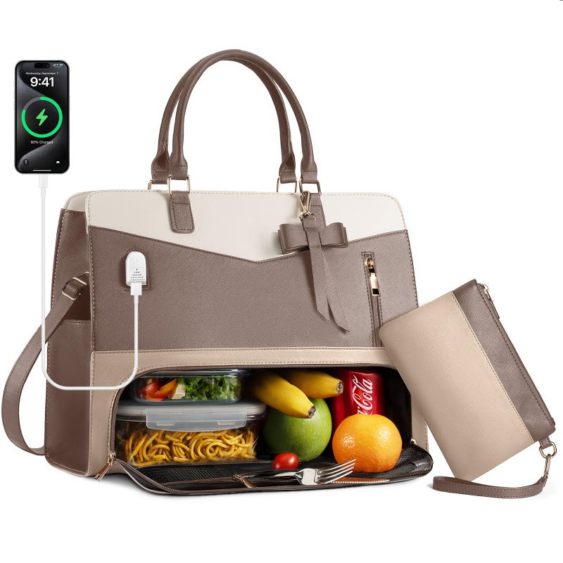 Tiostep Lunch Tote Bag for Women 2 in 1 Laptop Work Bag with Lunch Insulated Compartment and Purse Combo Leather Crossbody Bag Khaki Brown - Image 2