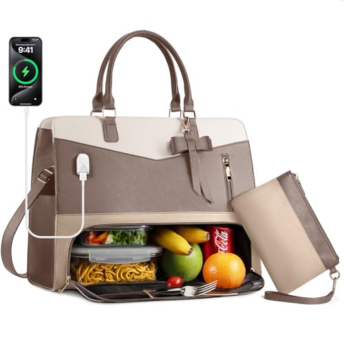 Tiostep Lunch Tote Bag for Women 2 in 1 Laptop Work Bag with Lunch Insulated Compartment and Purse Combo Leather Crossbody Bag Khaki Brown - Image 1