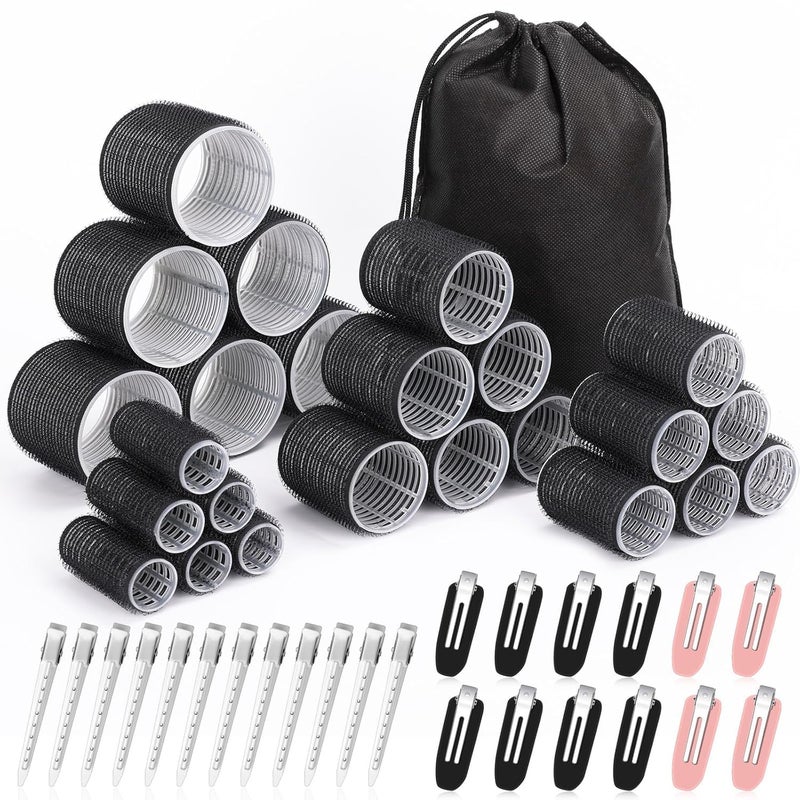 Premify Hair Rollers Set 4 Sizes/50 Pcs with Self Grip Hair Curlers Rollers, 24 Pcs Hair Clips for Blowout Look Long Medium Short Thick Hair Volume (Black)