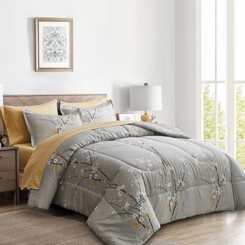 Uozzi Bedding Gray Comforter Sheet Set Bed in a Bag 7 Pieces Queen Size Tree Branch Bloom Flower Spring Summer Bedding Set (1 Comforter 2 Pillow Shams 1 Tan Flat Sheet 1 Fitted Sheet 2 Pillowcases) - Image 2