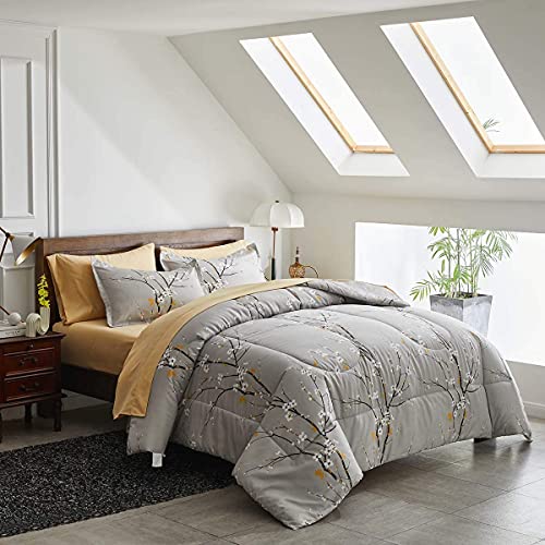 Uozzi Bedding Gray Comforter Sheet Set Bed in a Bag 7 Pieces Queen Size Tree Branch Bloom Flower Spring Summer Bedding Set (1 Comforter 2 Pillow Shams 1 Tan Flat Sheet 1 Fitted Sheet 2 Pillowcases) - Image 3