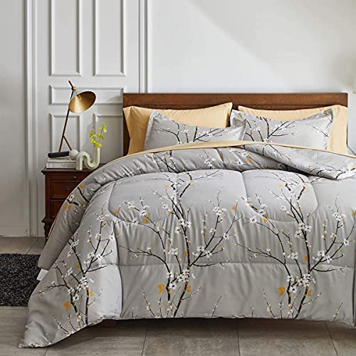 Uozzi Bedding Gray Comforter Sheet Set Bed in a Bag 7 Pieces Queen Size Tree Branch Bloom Flower Spring Summer Bedding Set (1 Comforter 2 Pillow Shams 1 Tan Flat Sheet 1 Fitted Sheet 2 Pillowcases) - Image 1