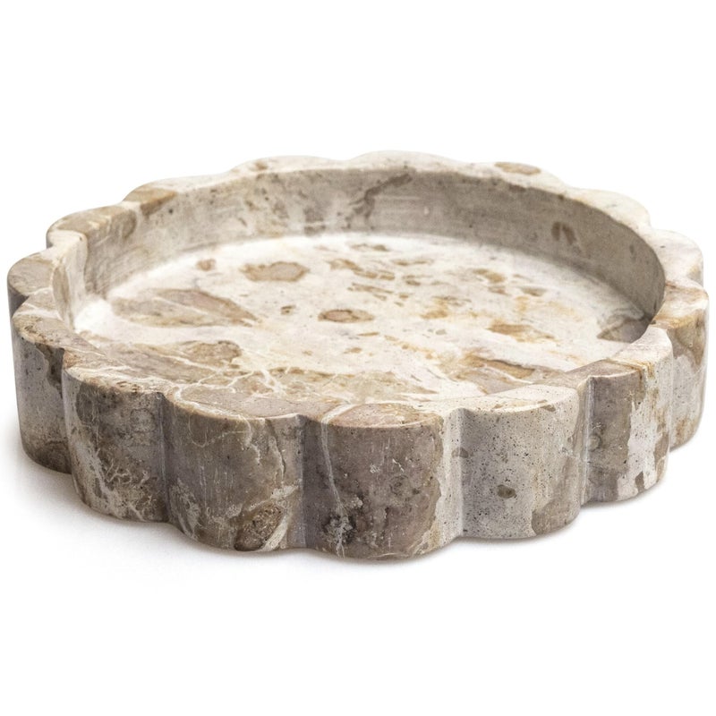 STRONA Beige Scalloped Marble Tray - 8 Inch Round Stone Vanity Tray for Perfume & Jewelry, Marble Dish for Bathroom Countertop & Kitchen Counter, Brown Decorative Tray for Bathroom & Kitchen, Modern Catchall - Image 1