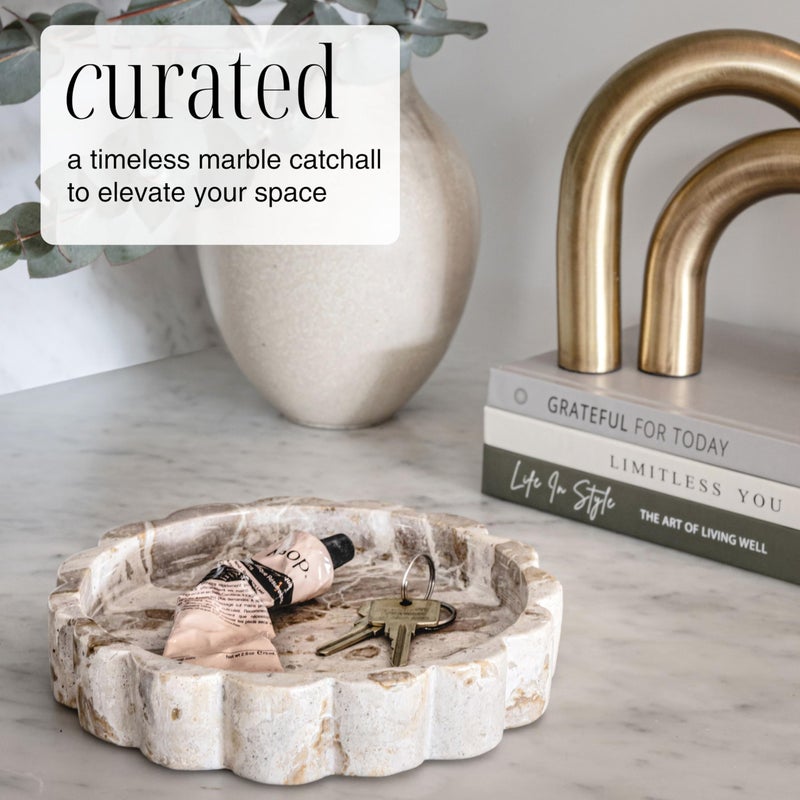 STRONA Beige Scalloped Marble Tray - 8 Inch Round Stone Vanity Tray for Perfume & Jewelry, Marble Dish for Bathroom Countertop & Kitchen Counter, Brown Decorative Tray for Bathroom & Kitchen, Modern Catchall - Image 5