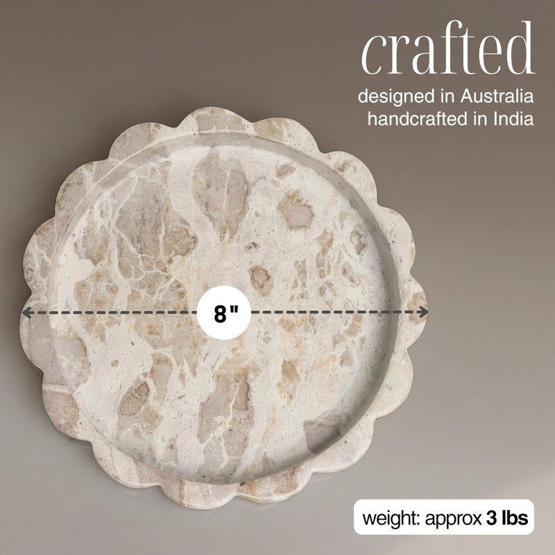 STRONA Beige Scalloped Marble Tray - 8 Inch Round Stone Vanity Tray for Perfume & Jewelry, Marble Dish for Bathroom Countertop & Kitchen Counter, Brown Decorative Tray for Bathroom & Kitchen, Modern Catchall - Image 4