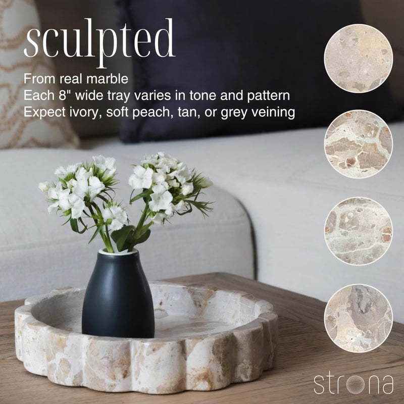 STRONA Beige Scalloped Marble Tray - 8 Inch Round Stone Vanity Tray for Perfume & Jewelry, Marble Dish for Bathroom Countertop & Kitchen Counter, Brown Decorative Tray for Bathroom & Kitchen, Modern Catchall - Image 2