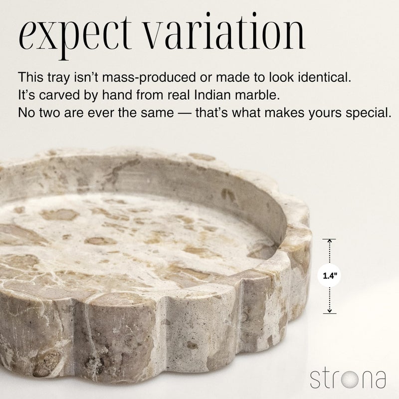 STRONA Beige Scalloped Marble Tray - 8 Inch Round Stone Vanity Tray for Perfume & Jewelry, Marble Dish for Bathroom Countertop & Kitchen Counter, Brown Decorative Tray for Bathroom & Kitchen, Modern Catchall - Image 3