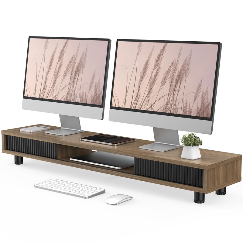 Fenge Dual Monitor Stand, 42.5inch Long Monitor Stands Riser for 2 Monitors, Sliding Door with Storage Organizer Stand for Desk, 2 Tier Desk Shelf for Laptop, Pc, Printer, Computer, TV - Image 1
