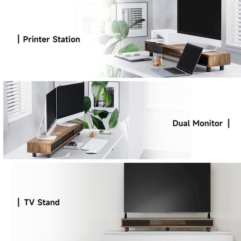 Fenge Dual Monitor Stand, 42.5inch Long Monitor Stands Riser for 2 Monitors, Sliding Door with Storage Organizer Stand for Desk, 2 Tier Desk Shelf for Laptop, Pc, Printer, Computer, TV - Image 5