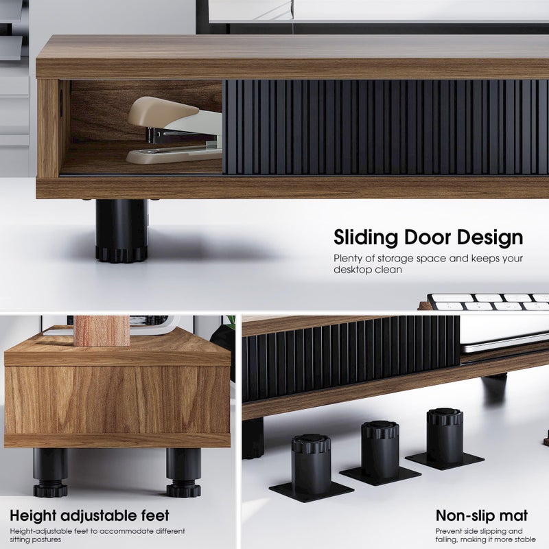 Fenge Dual Monitor Stand, 42.5inch Long Monitor Stands Riser for 2 Monitors, Sliding Door with Storage Organizer Stand for Desk, 2 Tier Desk Shelf for Laptop, Pc, Printer, Computer, TV - Image 2