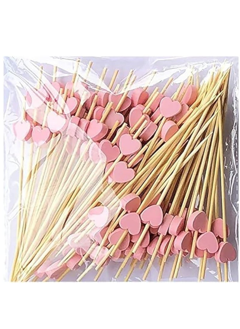 Oasisgalore 100pcs 4.7" Handmade Pink Heart Bamboo Cocktail Picks, Party Suppliesail Picks Party Supplies.  - Image 1