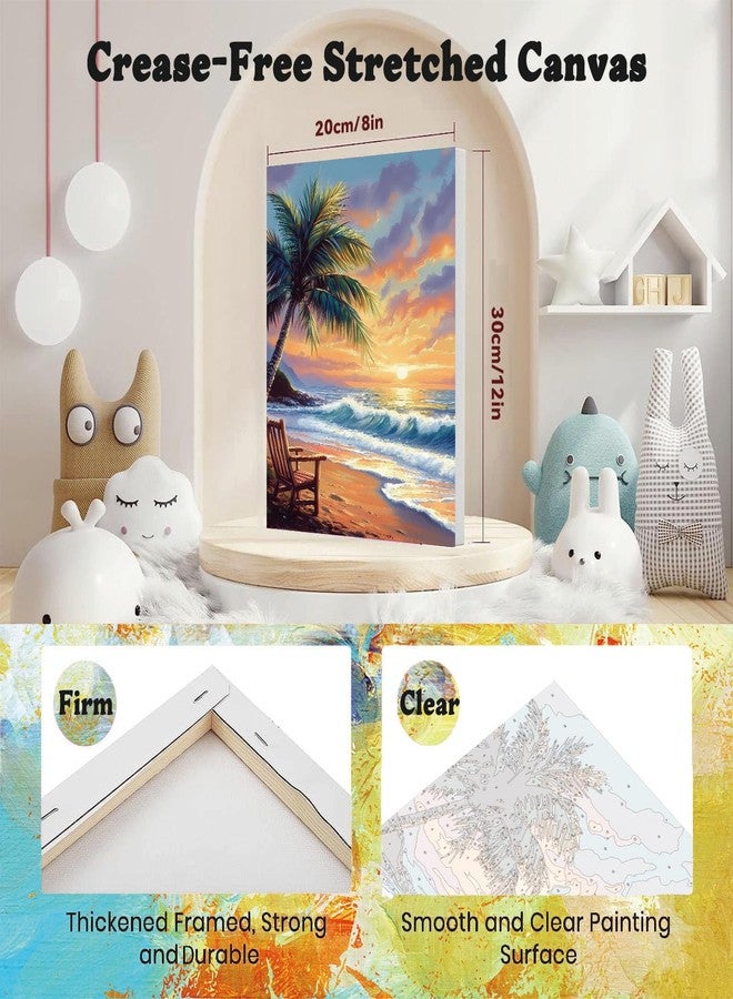 xackcme Beach Paint by Numbers for Adults with Framed Canvas - with Wooden Easel, Landscape Paint by Number on Canvas, DIY Sunset Acrylic Oil Painting Kits with Brushes for Home Wall Decor (8x12 inch) - Image 2