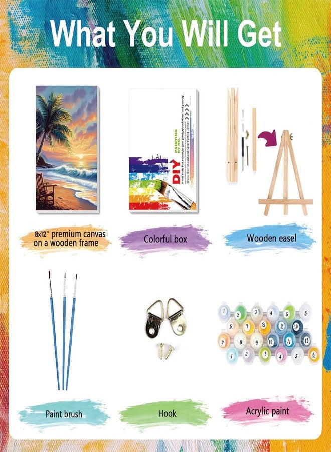 xackcme Beach Paint by Numbers for Adults with Framed Canvas - with Wooden Easel, Landscape Paint by Number on Canvas, DIY Sunset Acrylic Oil Painting Kits with Brushes for Home Wall Decor (8x12 inch) - Image 4