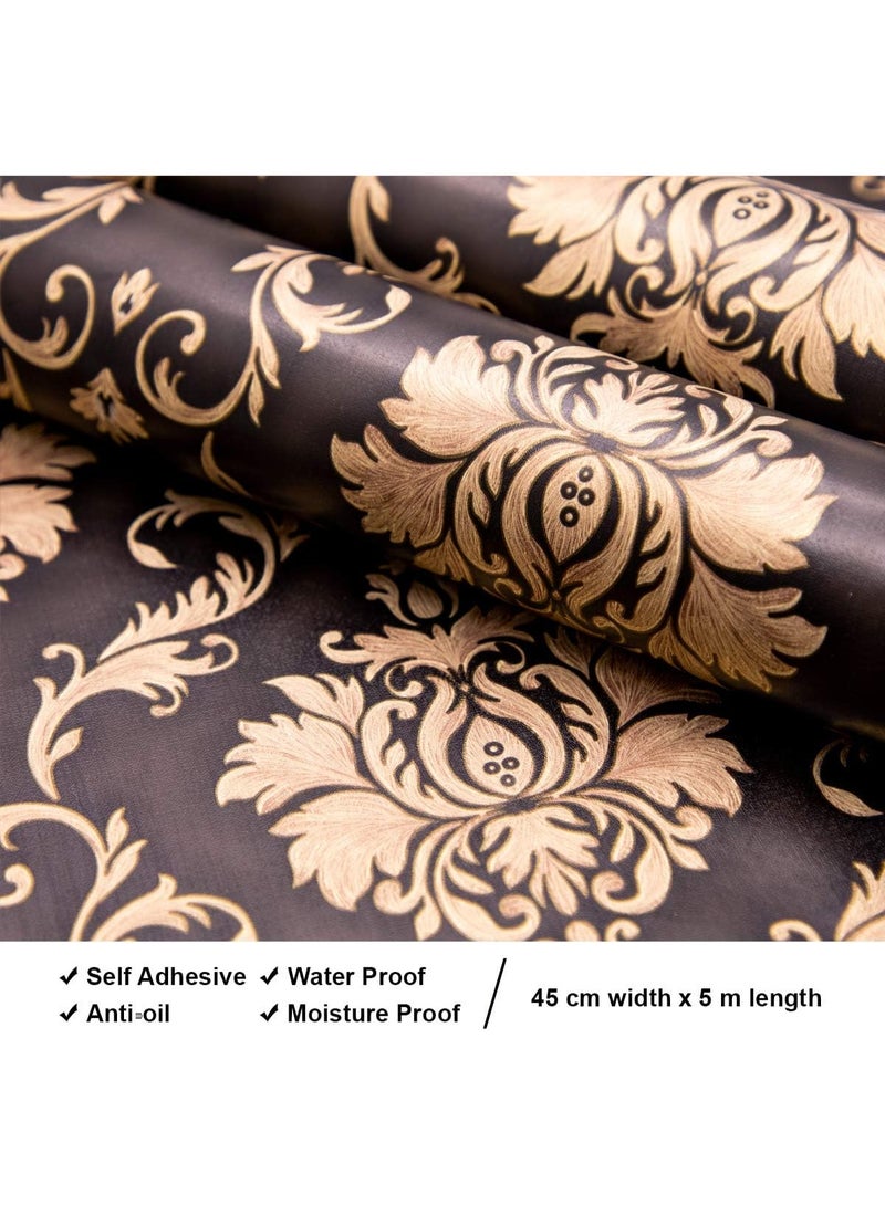 Bukela Wall Stickers DIY Wallpaper (45 x 500 cm) Black Damask Luxury Self Adhesive Decals Living Room Bedroom Decoration, Black - Image 1