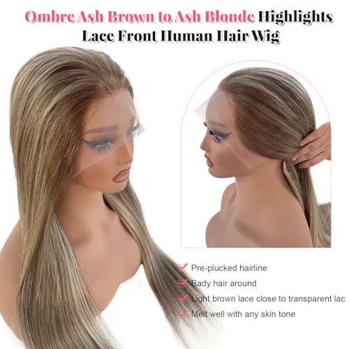 Smartinnov 32 Inch Long Highlight Ash Blonde Wigs Human Hair 150% Density 13x4 HD Transparent Balayage Ombre Glueless Pre Plucked Wigs for Women Ash Blonde to Light Brown Highlight Lace Front Wig Virgin Hair - Image 3