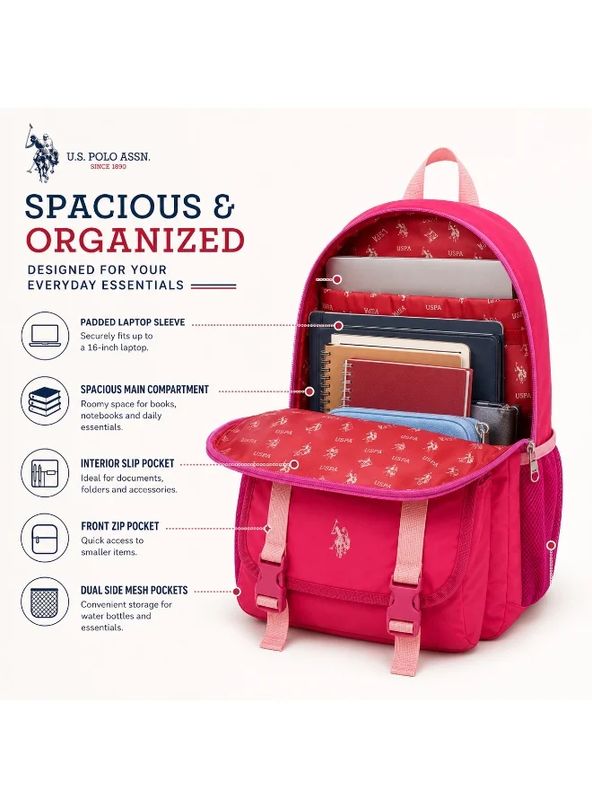U.S. Polo Assn. FUCHSIA U.S. Polo Assn. Classic Raspberry Cream Heritage Buckle Backpack for School and Office MultiCompartment Bag for Campus  | Best Price UAE