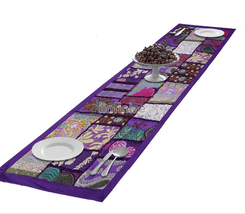 iinfinize Table Runner Dining Runner Patchwork Handmade Cotton Table Runner Floral Design Vintage Table Runner for Living Room Decor 16x48 Inch Purple Color - Image 2