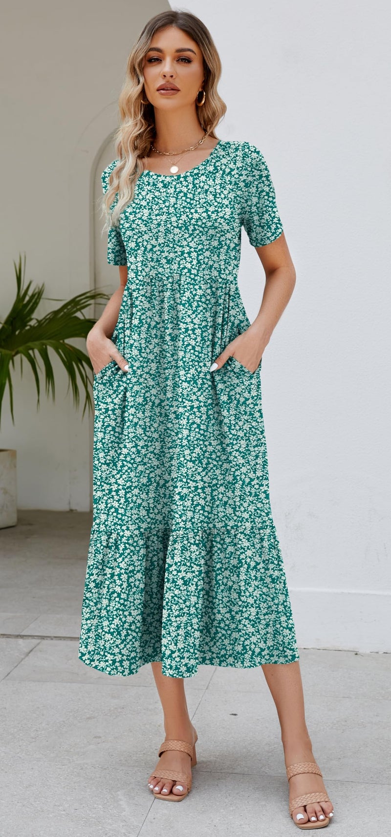 Jeqeocafy Summer Dresses for Women Flowy Maxi Sundress Short Sleeve Tiered Beach Dress with Pockets 2026 Vacation Travel - Image 2