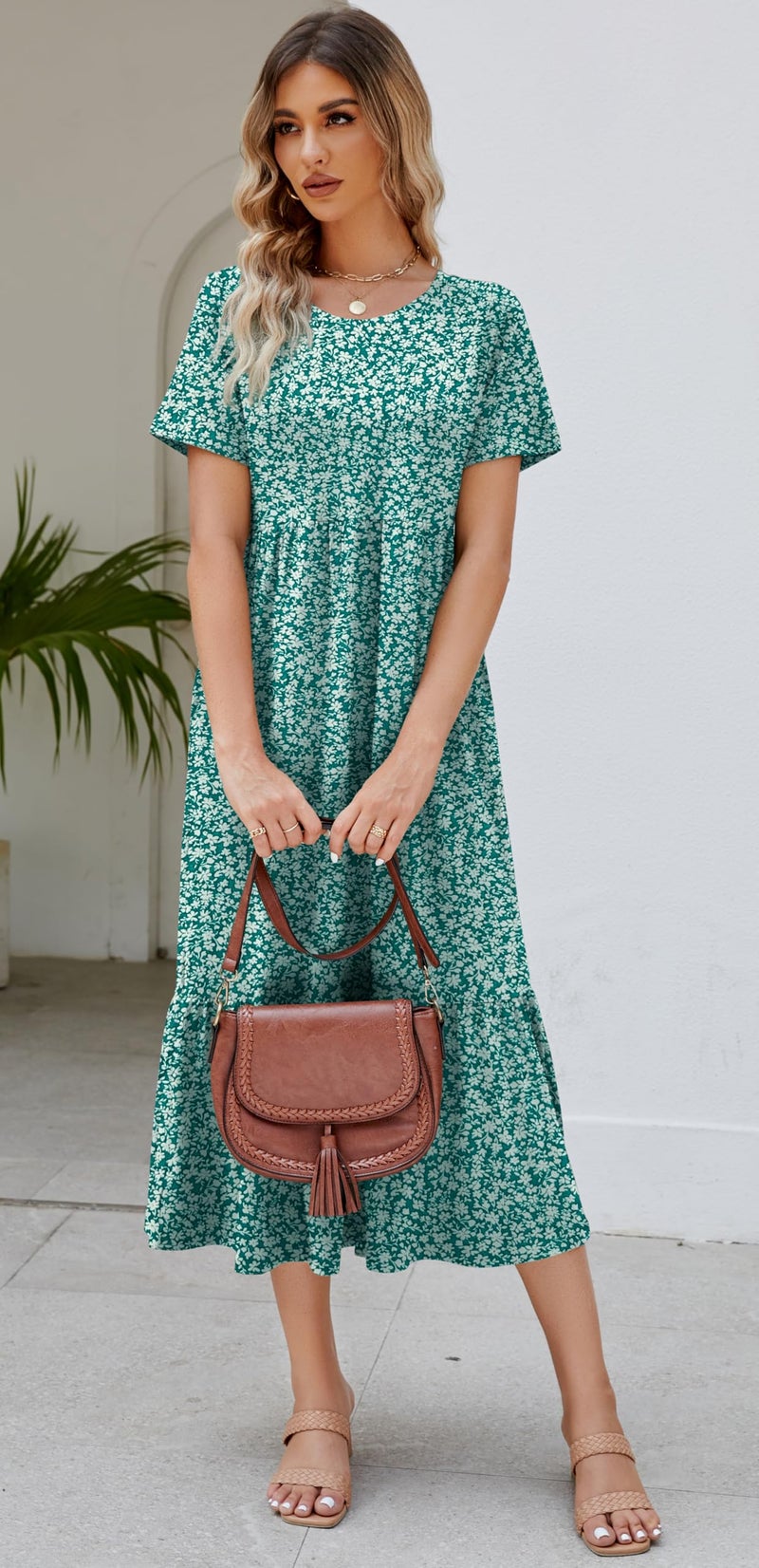 Jeqeocafy Summer Dresses for Women Flowy Maxi Sundress Short Sleeve Tiered Beach Dress with Pockets 2026 Vacation Travel - Image 3