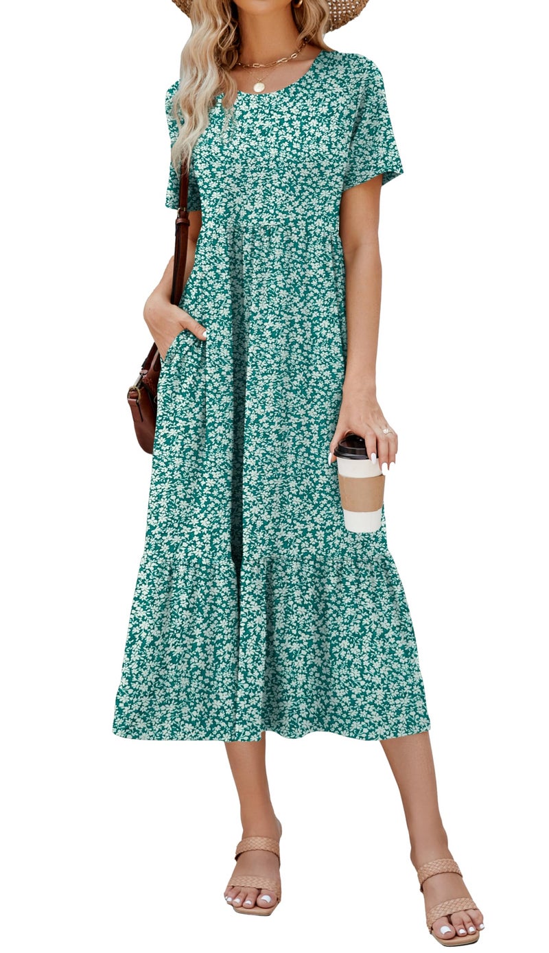 Jeqeocafy Summer Dresses for Women Flowy Maxi Sundress Short Sleeve Tiered Beach Dress with Pockets 2026 Vacation Travel - Image 1