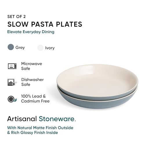 Shay Ceramic Pasta Bowl Set, 22cm, 2 Pieces, Grey Ivory | Glossy Finish | Stoneware Ceramic Serving Bowls | Ceramic Bowl | Pasta Serving Plate (Pasta Plate - Grey Ivory), 300 ml - Image 3
