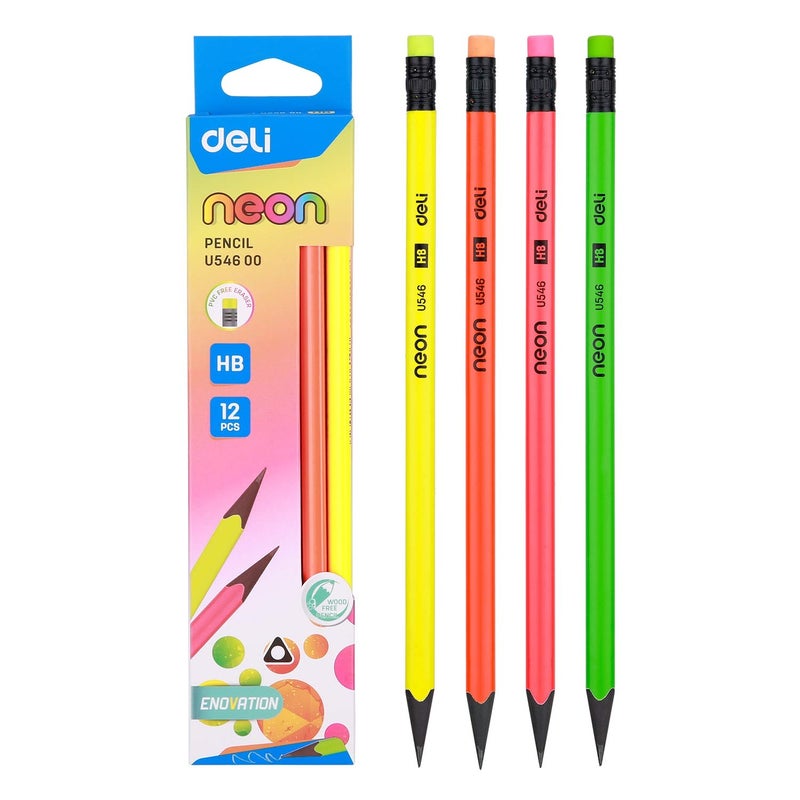 Deli deli WU54600 Neon Series Pre-Sharpened Wood-Free HB Pencils with Eraser (12 Pcs)  - Image 1