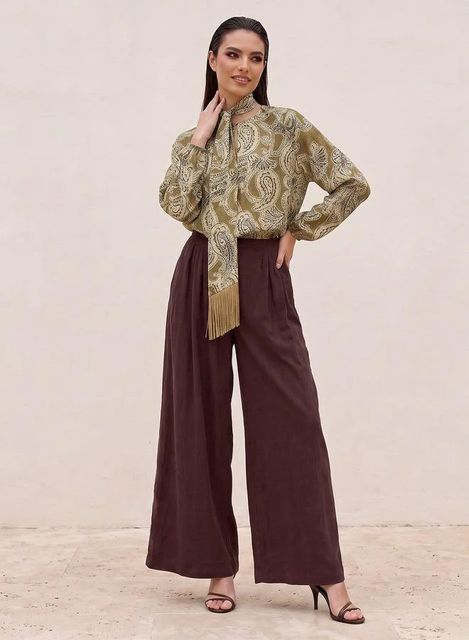 Iconic BROWN Iconic Straight Fit Elastic Waist Textured Pants for Women | Best Price UAE