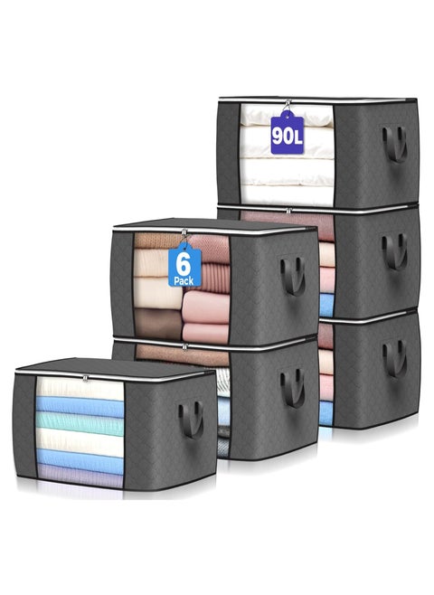 Large Storage Bags, 6 Pack Clothes Storage Bins Foldable Closet Organizers Storage Containers with Reinforced Handle for Clothing, Blanket, Comforters, Bed Sheets, Pillows and Toys (Gray)